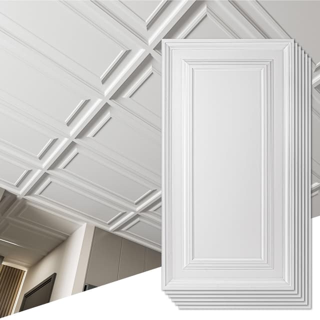 Art3d Deckenfliesen aus PVC dekorative Deckenverkleidung für Keller Küche Bad 60 x 120 cm Abdeckung 8,8 m² glattes Weiß 12 Stück