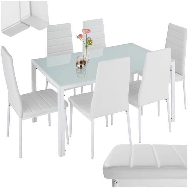 tectake® Küchentisch mit Stühlen, Esstisch und 6er Set Esszimmerstühle, Küchenstühle modern, Sitzgruppe Küche, Küchenmöbel, Hochglanz Glastisch, Esszimmer, Essstühle für Küchentresen - weiß/weiß Weiß-weiß | Nr. 404382