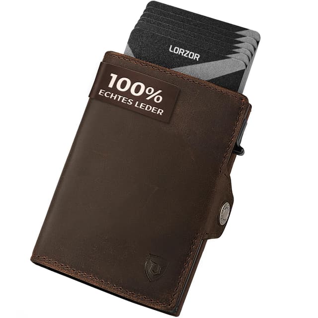 LORZOR® Slim Wallet mit Münzfach, Geldbörse Herren echtem Leder, RFID Blocker Portemonnaie, Portmonee Herren Kartenetui mit Münzfach, Geldbeutel für 10 Karten, Smart Wallet (Mahagoni Braun)