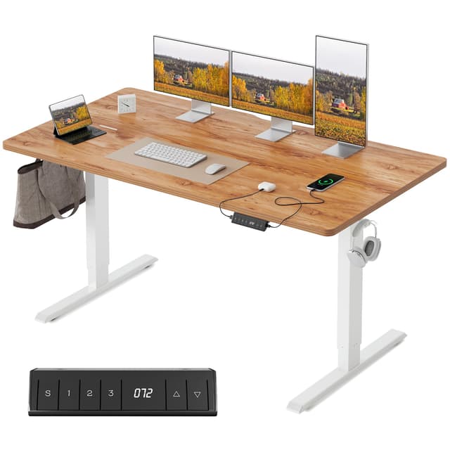 FEZIBO Höhenverstellbarer Schreibtisch mit USB-A und USB-C-Ladeanschlüssen, 140 x 70 cm Steh-Sitz Tisch, Schreibtisch Höhenverstellbar Elektrisch, Ergonomischer Computertisch Homeoffice, Hellbraun 140 x 70 cm Hellbraun