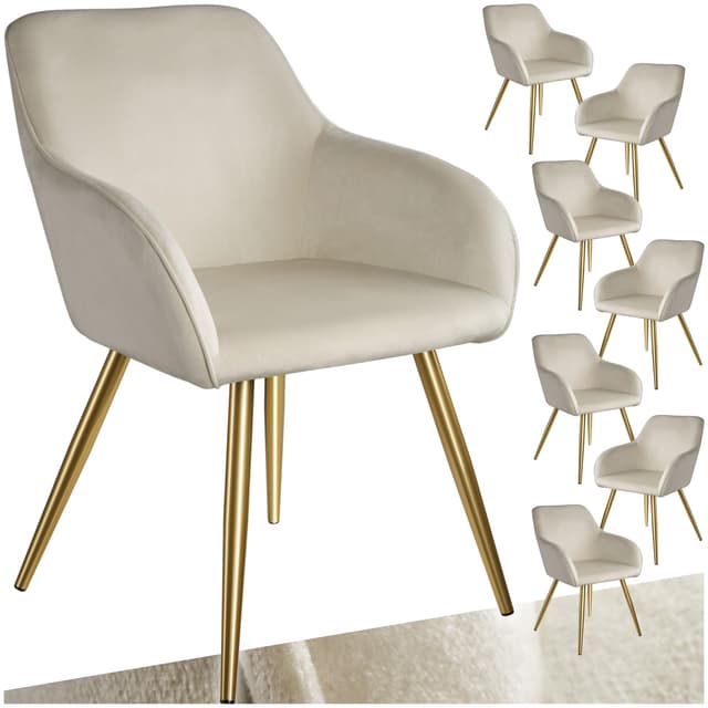 tectake® Esszimmerstühle mit Armlehne, Stuhl, Samt Polster Stühle, Möbel für Esstisch, Schminktisch, Wohnzimmer, Esszimmer, Arbeitszimmer, ergonomischer Dining Chair - créme/Gold, 8er Set 8er Set Creme Gold