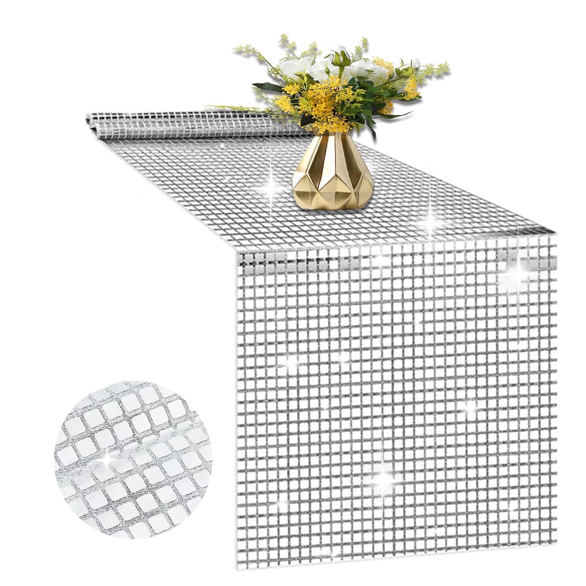 WWYSSZ Disco Deko Tischläufer, 30 X 180 cm Glitter Paillette Tischläufer, Party Silber Pailletten Tischdecke für Retro 70er 80er Jahre Discokugel Geburtstag Tanzparty, für Hochzeit, Mottoparty