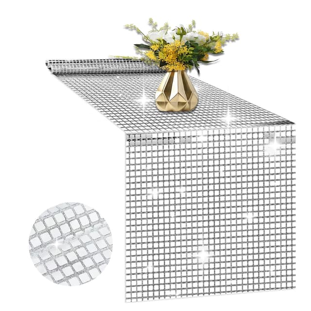 WWYSSZ Disco Deko Tischläufer, 30 X 180 cm Glitter Paillette Tischläufer, Party Silber Pailletten Tischdecke für Retro 70er 80er Jahre Discokugel Geburtstag Tanzparty, für Hochzeit, Mottoparty
