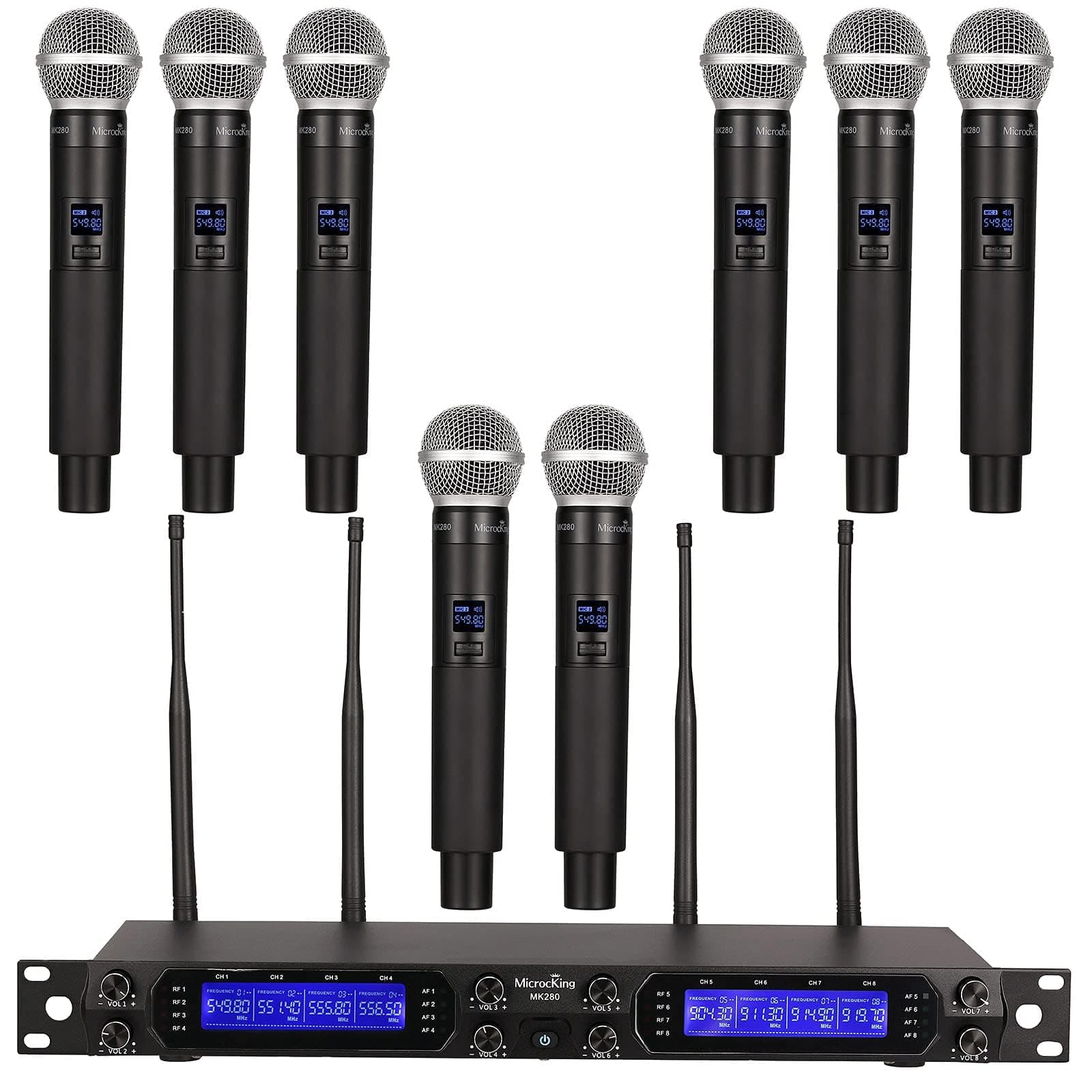 MicrocKing Kabelloses Mikrofonsystem, 8 Kanäle UHF schnurlose dynamische Handmikrofone, Lange Reichweite 122 m, automatische Verbindung, ideal für Karaoke-Party, Hochzeit, Rede und Veranstaltungen im 208