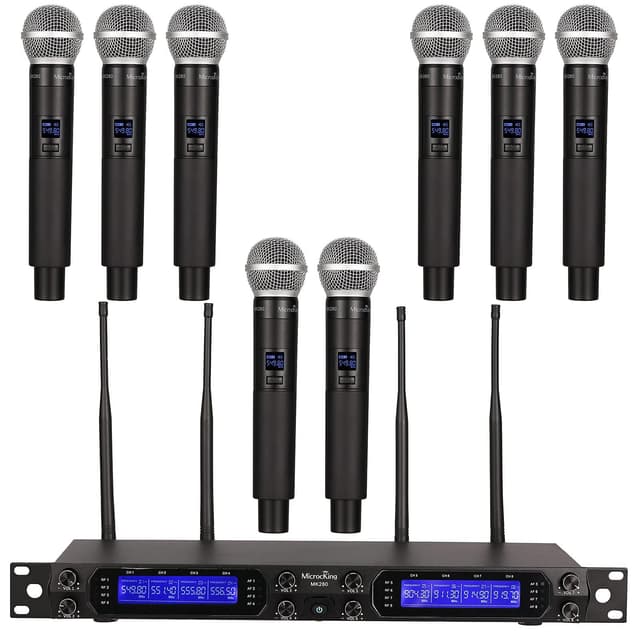 MicrocKing Kabelloses Mikrofonsystem, 8 Kanäle UHF schnurlose dynamische Handmikrofone, Lange Reichweite 122 m, automatische Verbindung, ideal für Karaoke-Party, Hochzeit, Rede und Veranstaltungen im 208