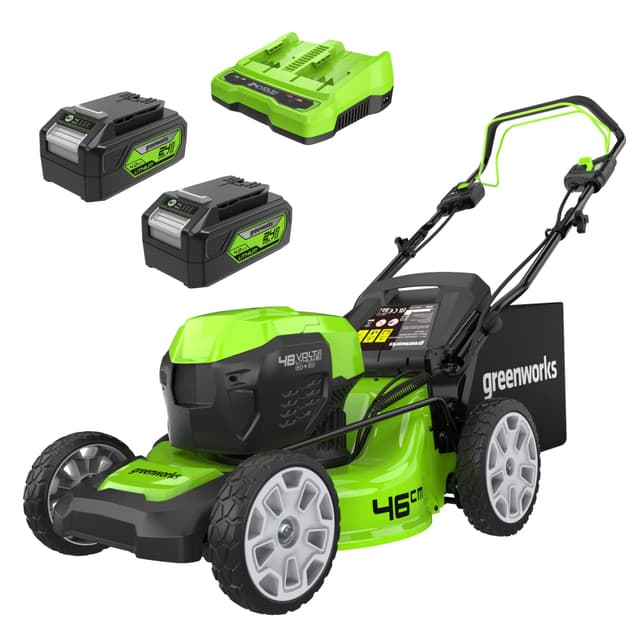 Greenworks 48V (2x24V) Selbstfahrender Akku Rasenmäher für große Flächen bis zu 480m², 46cm Schnittbreite, 55L Sack PLUS zwei 4Ah-Akkus und Doppelladegerät GD24X2LM46SPK4X 46cm 48V SP 2x4Ah Akku