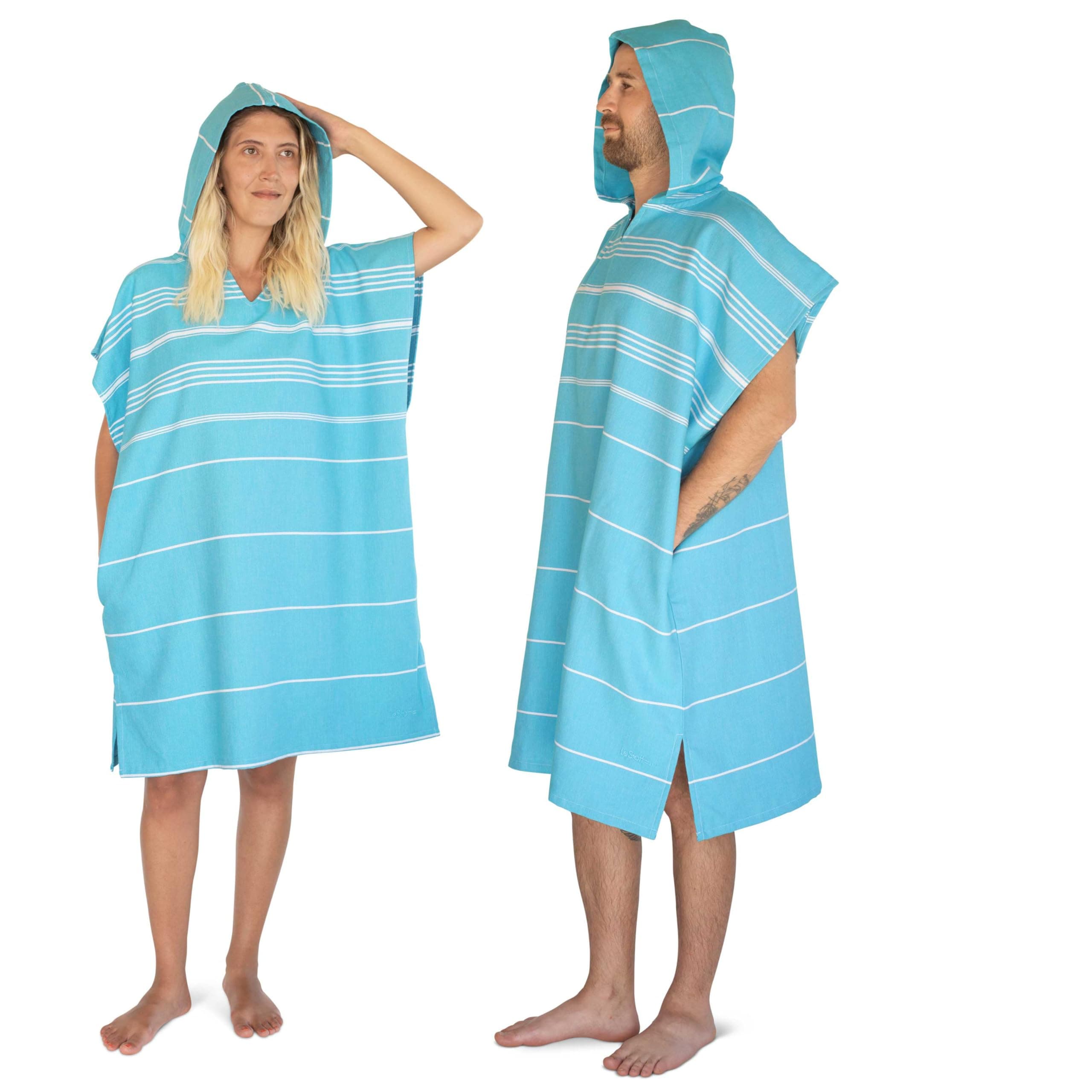 LeStoff Badeponcho - 100% Bio-Baumwolle - Leicht, Saugstark, Schnelltrocknend, Strandponcho Kapuze, Handtuchponcho, Surfponcho, Umkleideumhang, Handtuchkleid, Duschponcho, Umziehponcho (Aqua, L) Large Aqua