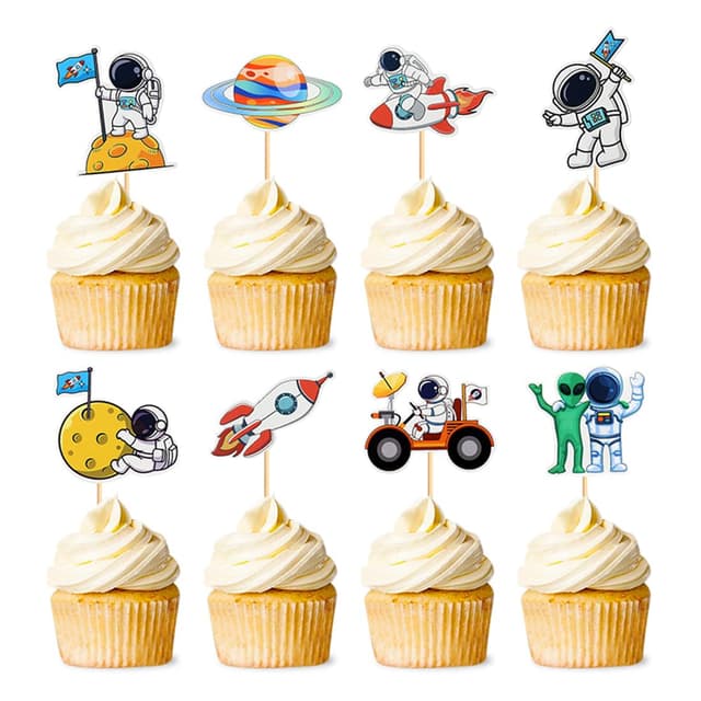 Daimay 32 Stück Astronauten Tortendeko Astronaut Kuchen Topper Weltraum Cupcake Toppers Planeten Geburtstag Kuchen Raketen Cupcake Dekoration für Weltraum Planeten Geburtstag Kinder Planet Party