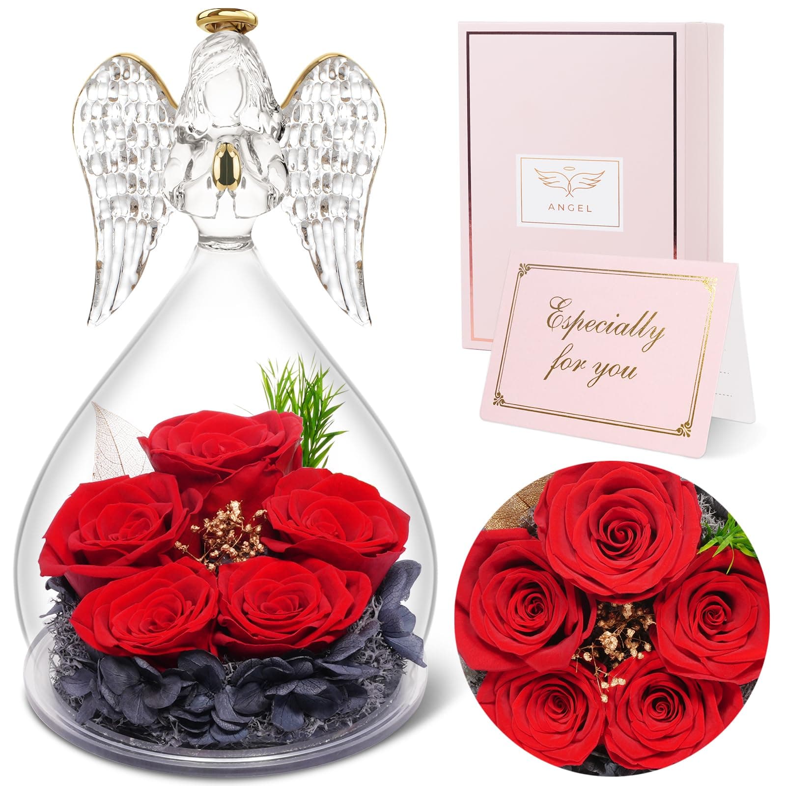 Sunia Ewige Rose Engel Geschenke für Frauen Weihnachten, 5 Ewige Rose im Engel Figur, Geburtstagsgeschenk für Frauen, Geschenke für Mama Oma, Echte Rosen Geschenke, Weihnachten Valentinstag Muttertag Rot