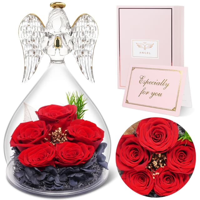 Sunia Ewige Rose Engel Geschenke für Frauen Weihnachten, 5 Ewige Rose im Engel Figur, Geburtstagsgeschenk für Frauen, Geschenke für Mama Oma, Echte Rosen Geschenke, Weihnachten Valentinstag Muttertag Rot