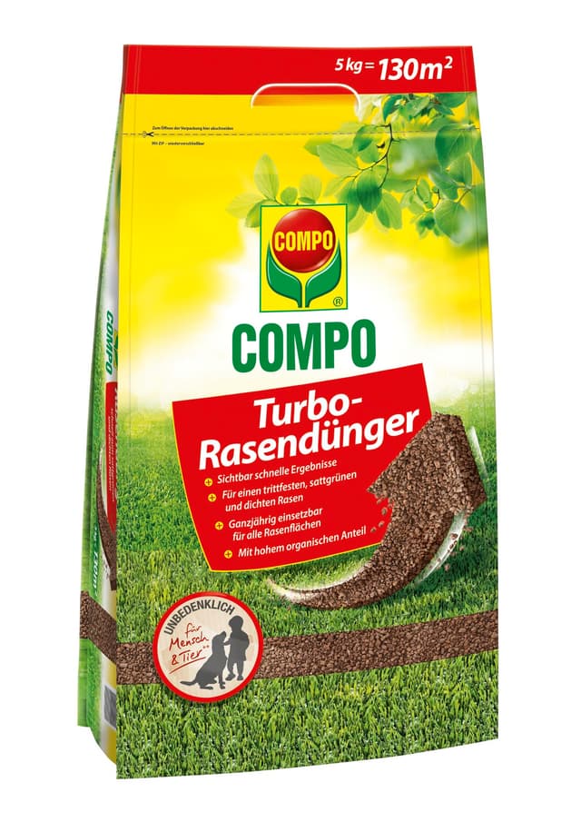 COMPO Turbo-Rasendünger - leistungsstarker Rasendünger für alle Rasenflächen - für schnelle Ergebnisse - 5 kg für 130 m²