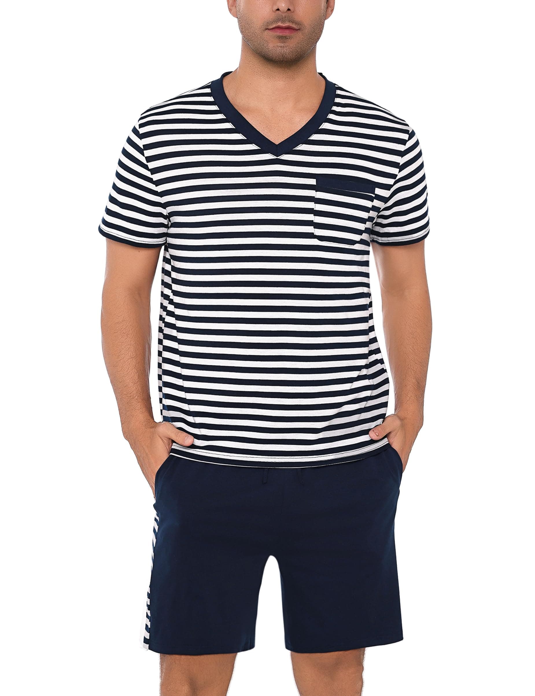 Litherday Schlafanzug Herren Kurz Baumwolle Shorty Pyjamas Set Sommer V-Ausschnitt T-Shirt und Shorty Schlafanzughose Zweiteiliger Nachtwäsche Set für Männer