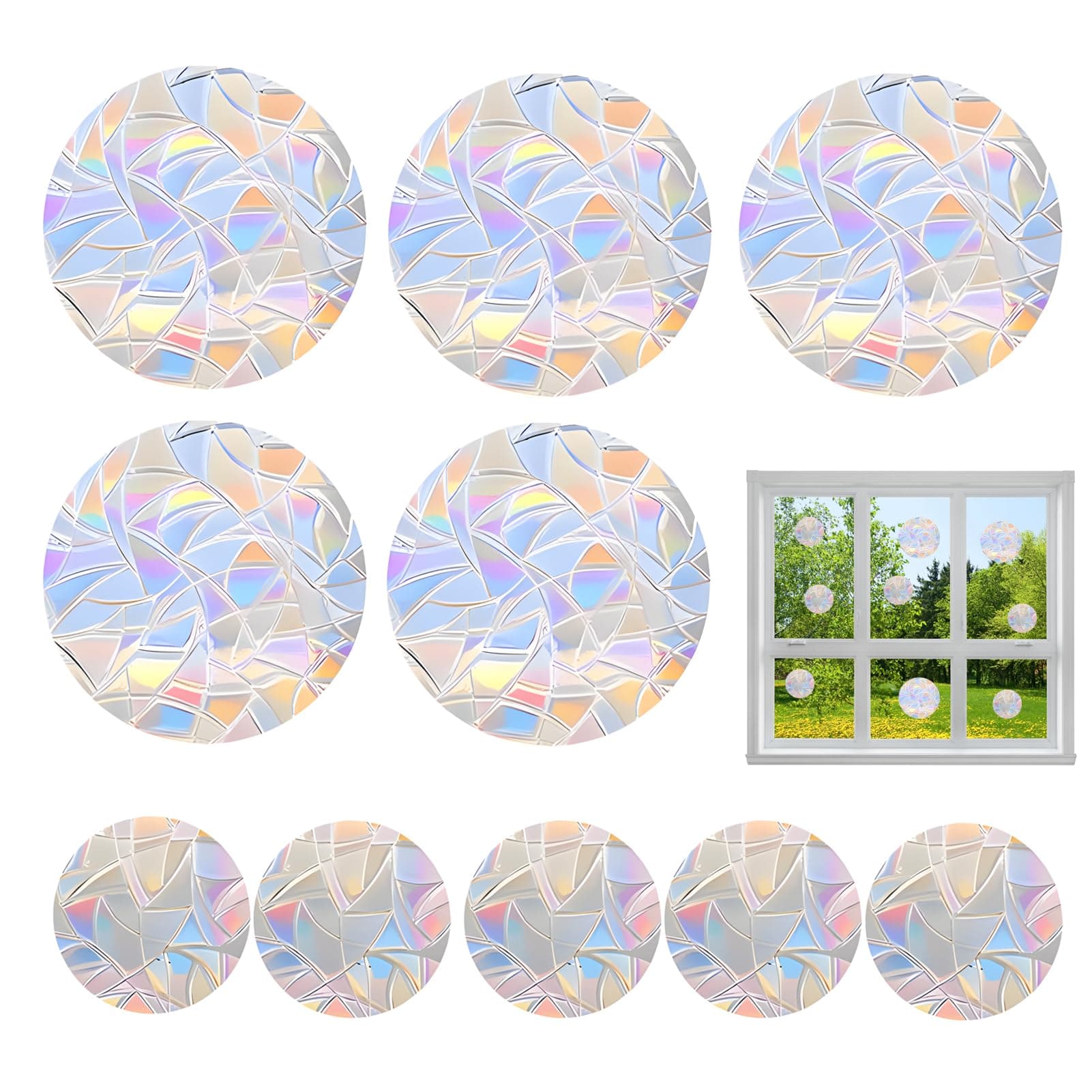 10 Stück Vogelschutzprismenschutzfolien-Set, Runde Stoßschutzfolien, multicolore Regenbogeneffekte, Umweltfreundliches PVC, Sehr gut geeignet für Glas- und Fenster, Einfach anzubringen ohne Kleber