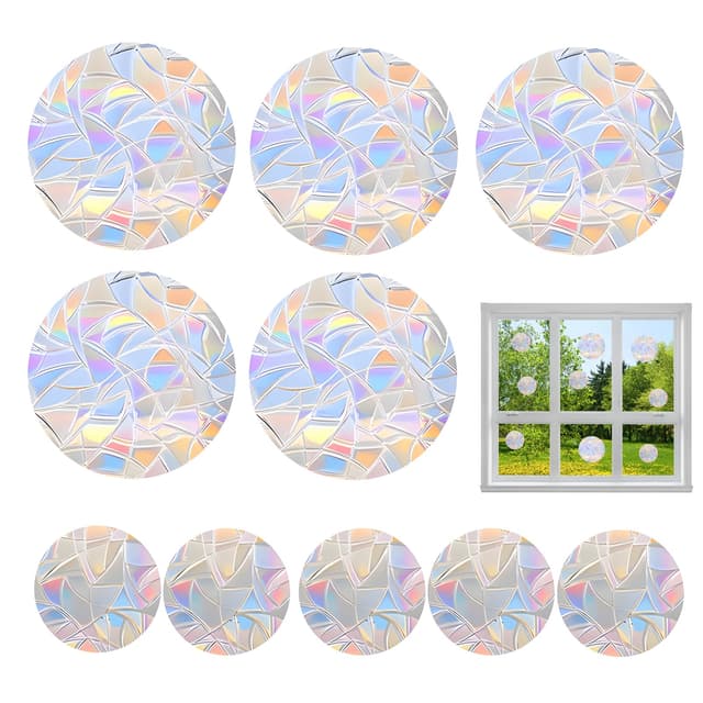 10 Stück Vogelschutzprismenschutzfolien-Set, Runde Stoßschutzfolien, multicolore Regenbogeneffekte, Umweltfreundliches PVC, Sehr gut geeignet für Glas- und Fenster, Einfach anzubringen ohne Kleber