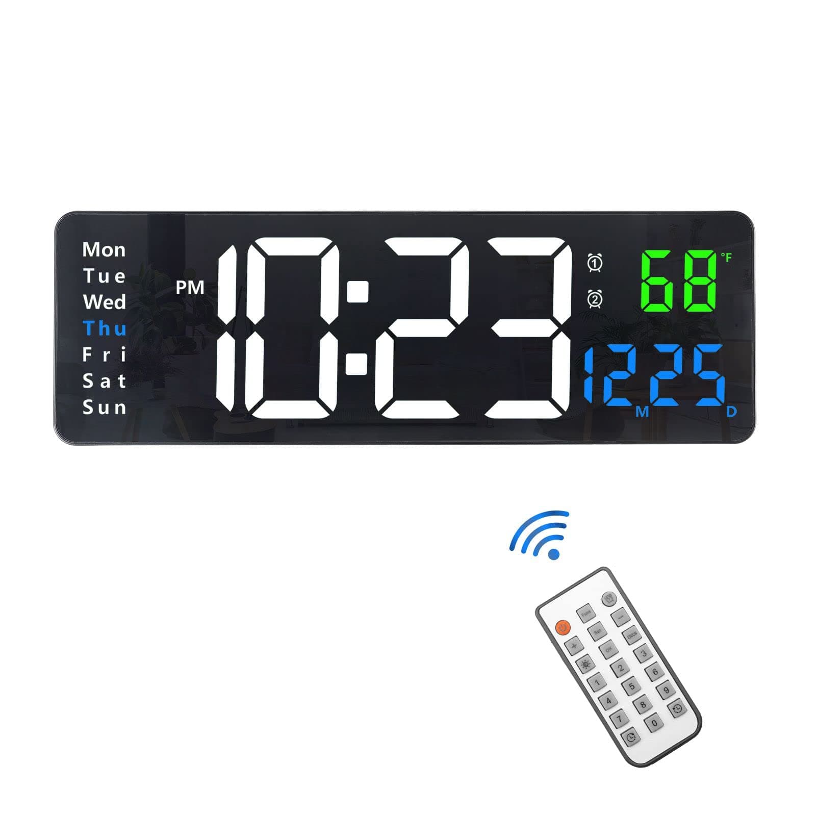 Plumeet Digitale Wanduhr, 40.5cm LED-Wanduhr mit Fernbedienung, Große Ziffern, Automatisches Dimmen, 2 Alarme, Digitaler Alarm zeigt Datum Schwarz 40.6cm