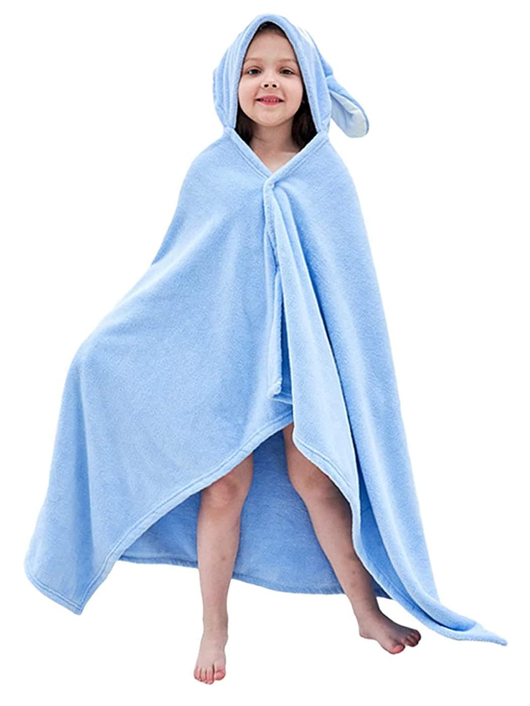 Hilmocho Kinder Badetuch mit Kapuze Junge Mädchen Kapuzendecke Poncho Weich Warm Korallenvlies Baby Schwimmen Handtuch, 140x70CM Blau