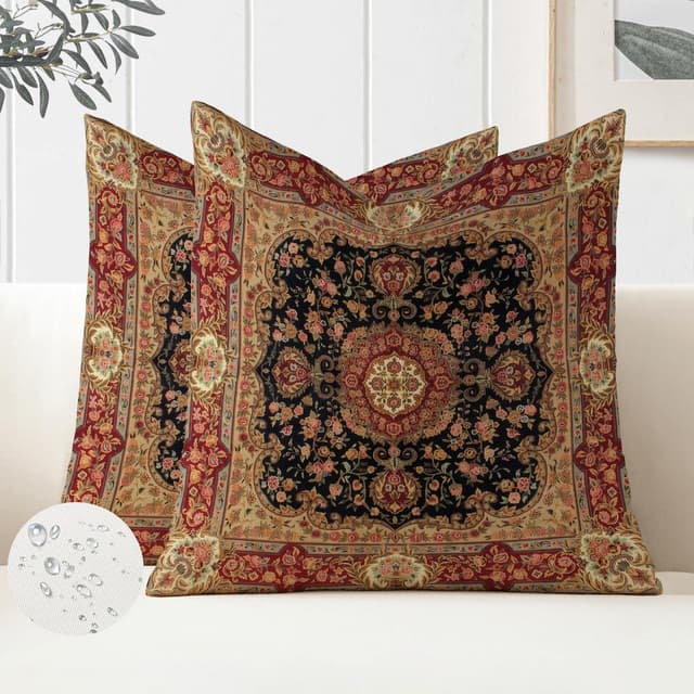 Miuyunya 2er Set Boho Kissenbezüge 50x50 cm Outdoor Kissen Wetterfest Dekokissen Bohemian Kissenbezug Sofakissen Dekokissen Indian Boho Dekorative Kissenhülle Zierkissenbezüge für Garten Sofa Schwarz-rot 50 x 50 cm, 2 Stück