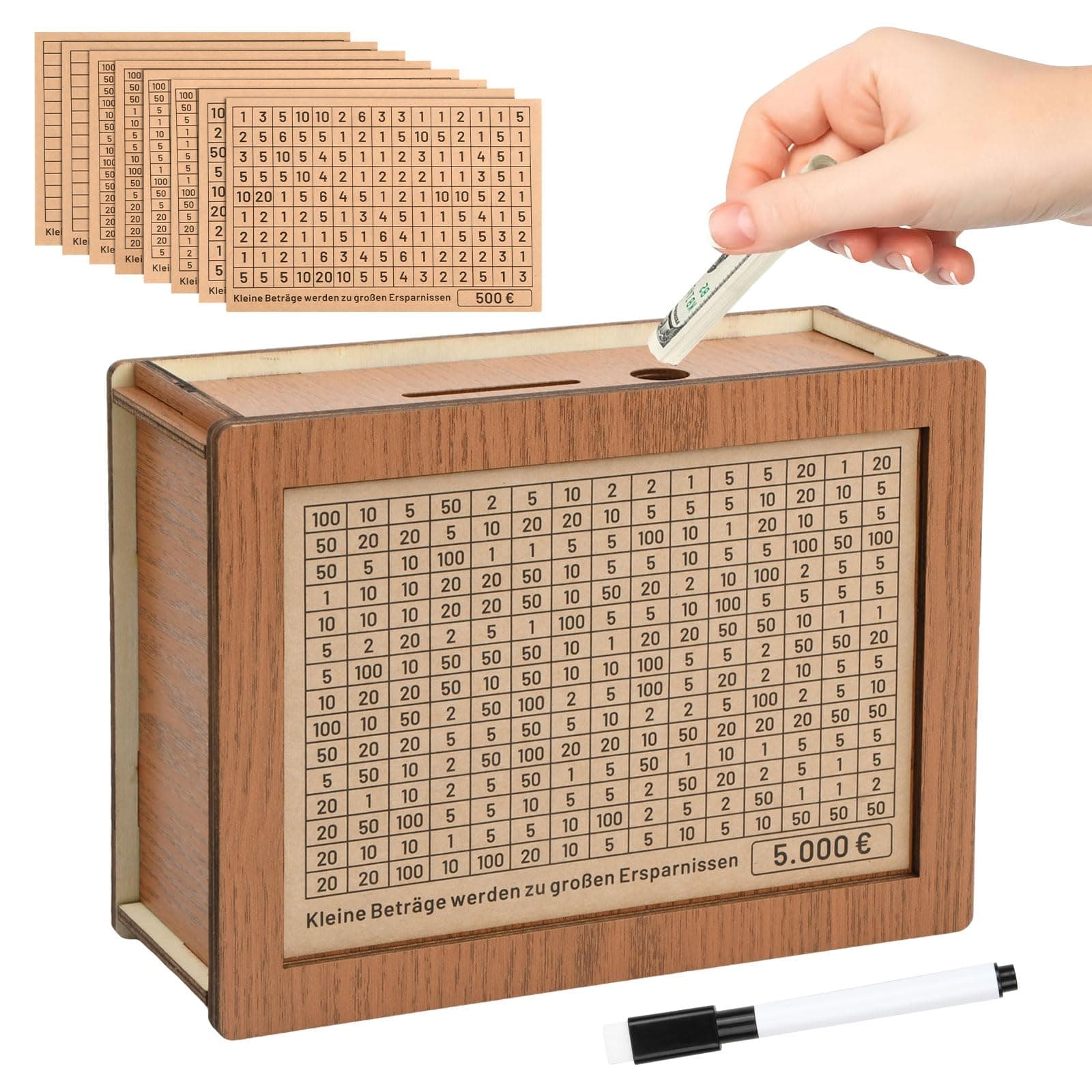 Spardose aus Holz, Sparbox mit Zahlen Ankreuzen, Sparschwein mit Zähler, Wiederverwendbare Spardose mit Ziel €500 €1,000 €2,000 €3,000 €5,000 €10,000 und Stift für Kinder und Erwachsene