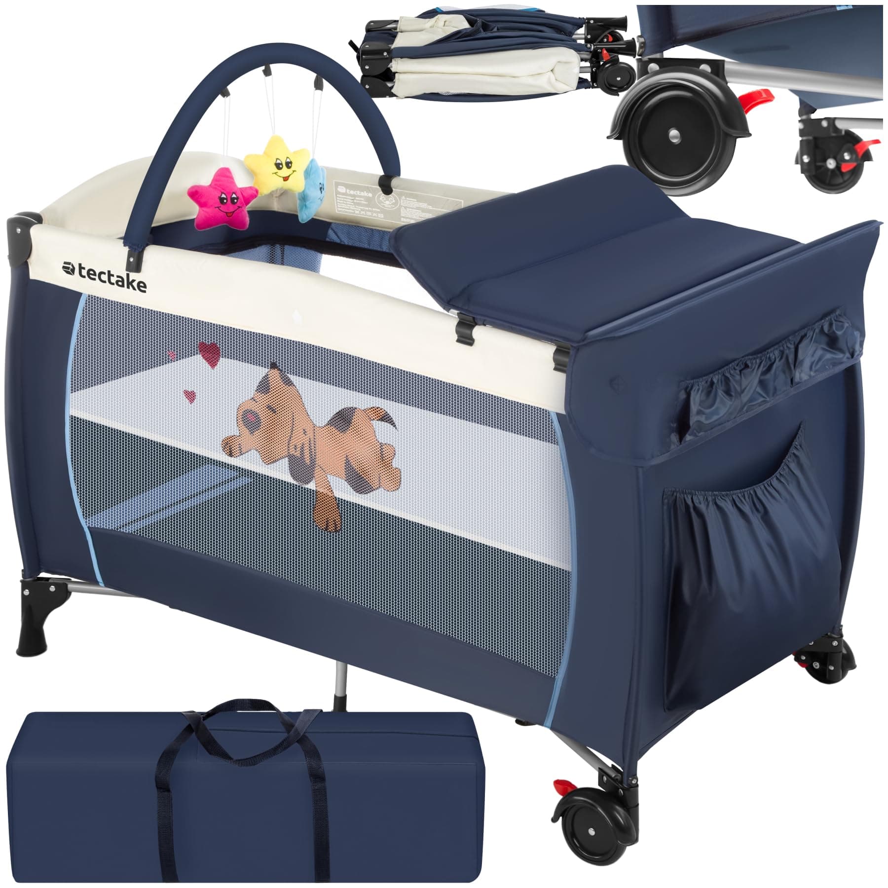 tectake® Babyreisebett, Kinderreisebett, Reisebett höhenverstellbar mit Reisebett Matratze und Transporttasche, Babybett, Reisegitterbett, tragbares Beistellbett Baby - 132 x 75 x 104 cm - Navy Blau Blau Hund
