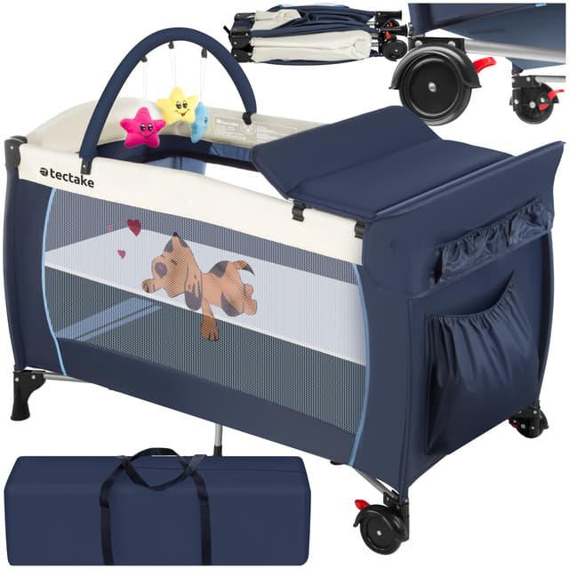 tectake® Babyreisebett, Kinderreisebett, Reisebett höhenverstellbar mit Reisebett Matratze und Transporttasche, Babybett, Reisegitterbett, tragbares Beistellbett Baby - 132 x 75 x 104 cm - Navy Blau Blau Hund