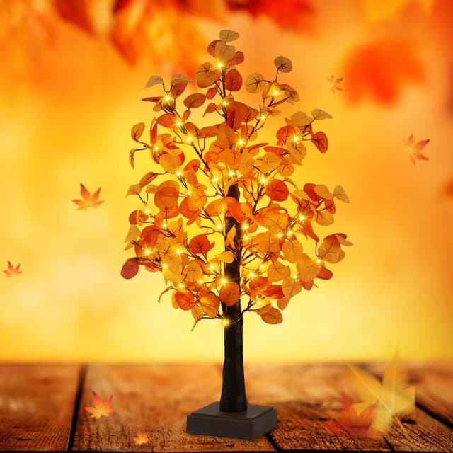 Herbst Deko Eukalyptus Blätter Baum Lichter,Herbstdekoration LED Ahornblatt Baum Licht mit Herbstblätter für Tischdeko Herbstdeko,50 LED Leuchten mit Timer,für Zuhause,Hochzeit (Eukalyptus)