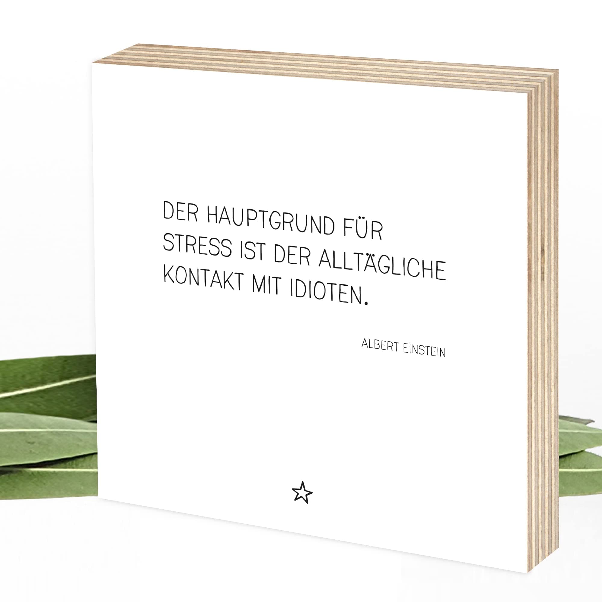 Wunderpixel® Holzbild Grund für Stress: Idioten - 15x15x2cm zum Hinstellen/Aufhängen, echter Fotodruck mit Spruch auf Holz - schwarz-weißes Wand-Bild Aufsteller Büro Dekoration oder als Geschenk Stress Idioten