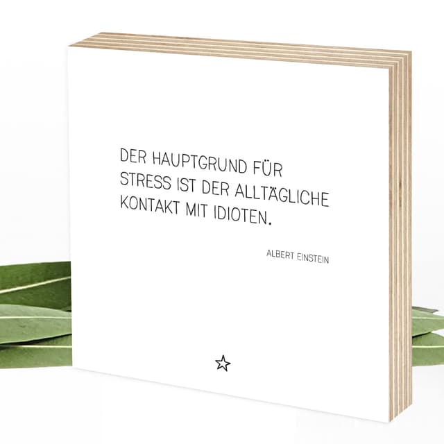 Wunderpixel® Holzbild Grund für Stress: Idioten - 15x15x2cm zum Hinstellen/Aufhängen, echter Fotodruck mit Spruch auf Holz - schwarz-weißes Wand-Bild Aufsteller Büro Dekoration oder als Geschenk Stress Idioten