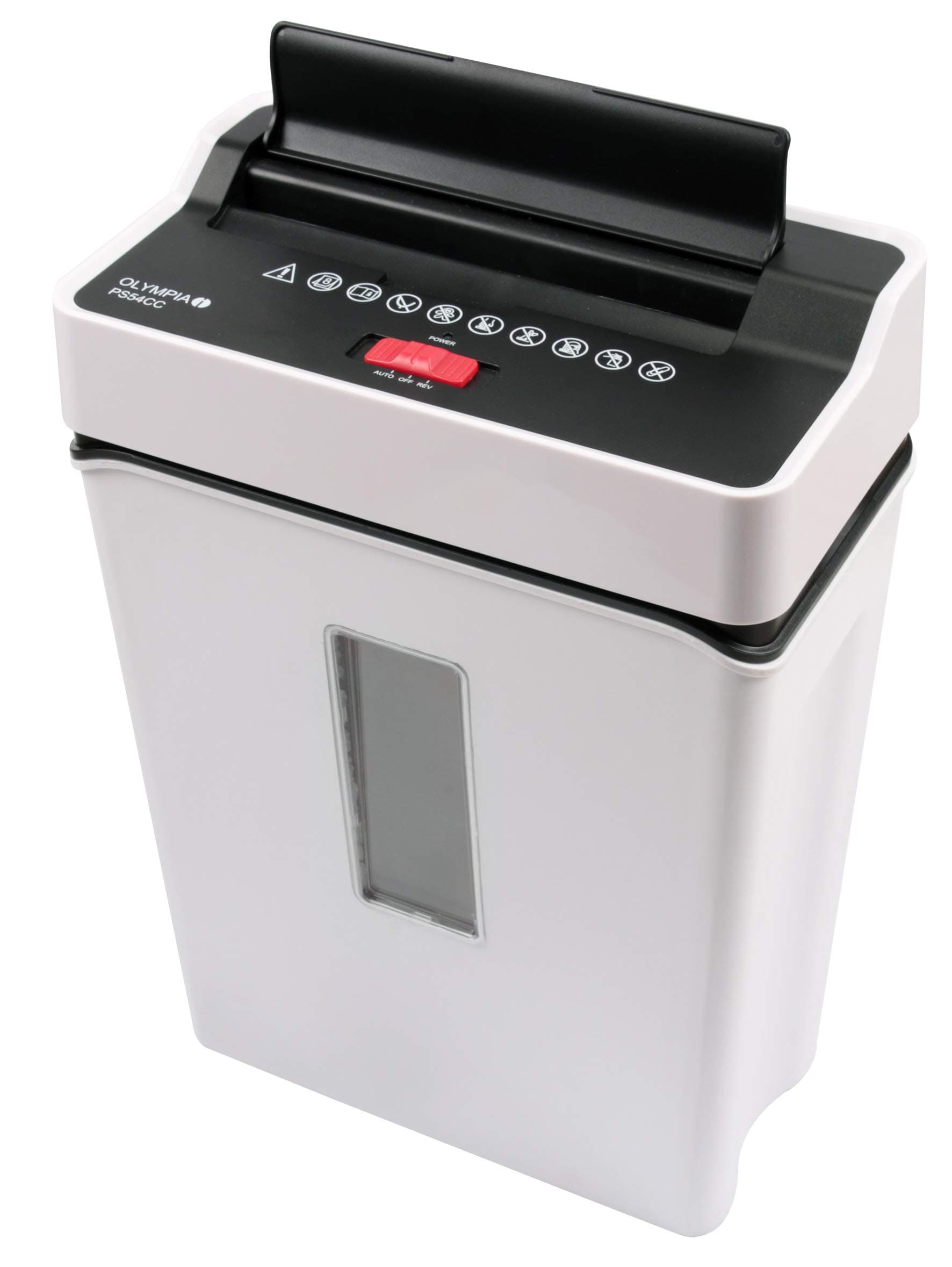 Olympia PS 54 CC Profi Aktenvernichter (mit Partikelschnitt, Sicherheitsstufe P4, Kreditkarte, 8 Blätter 80 g/m², Papierschredder fürs Büro, Papiervernichter, Reißwolf mit Papierkorb, Sichtfenster) weiß Single