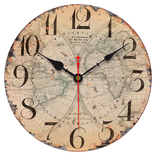 VIKMARI Wanduhr Quarz Holz Leise Hängende Uhr, Batteriebetriebene Runde Rustikale Uhr, Leicht Zu Lesen Vintage Innenwanduhr 34CM/14Zoll Weltkarte 34 cm