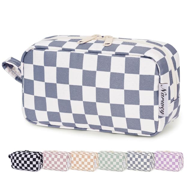 Kleine Make up Tasche für Handtasche, Karierte Kleine Kosmetiktasche Damen Schminktasche Klein, Kulturtasche Damen Klein Kulturbeutel, Makeup Tasche Makeup Bag (Graublaues Schachbrett, klein) Z-graublaues Schachbrett S
