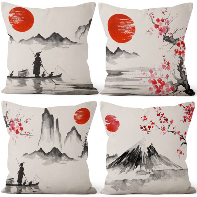 Aoihrraan 46x46cm 4er Set Dekorativ Japanisch Kissenbezug Rot Sonne Schwarz Und Weiß Landschaft Berg Fuji Quadratische Sofakissen Dekokissen Aus Leinen Japan Taverne Zuhause Schlafzimmer Sofa Tatami 46 x 46 cm, 4 Stück Schwarz-weiss