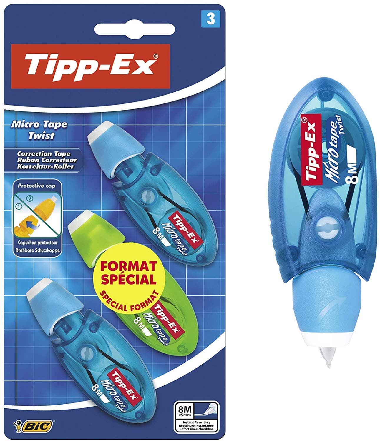 Tipp-Ex Korrekturroller Micro Tape Twist mit Schutzkappe, 8 m x 5 mm, 3er Pack, Ideal für das Büro, das Home Office oder die Schule Single