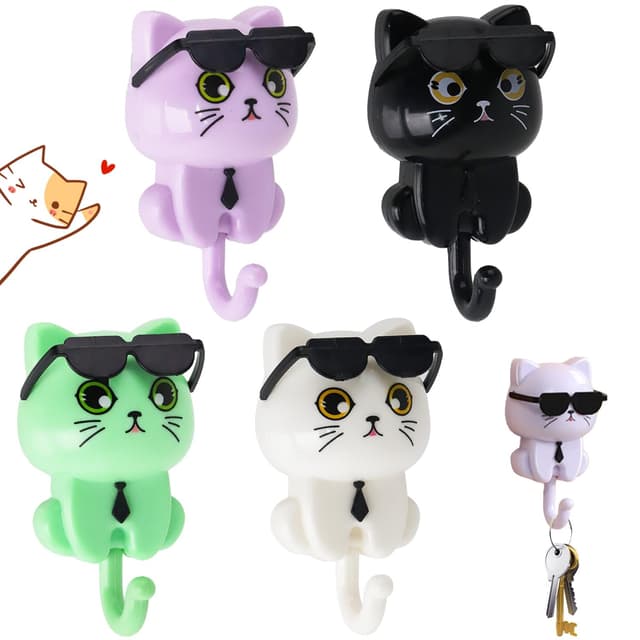 Demarsen 4 Stück Schlüsselhaken,Niedliche Cartoon Katze Schlüsselhaken,Kreativer Selbstklebende Wandhaken Ohne Bohren für Schlüssel Taschen Schmuck Kleidung,Heimdekoration