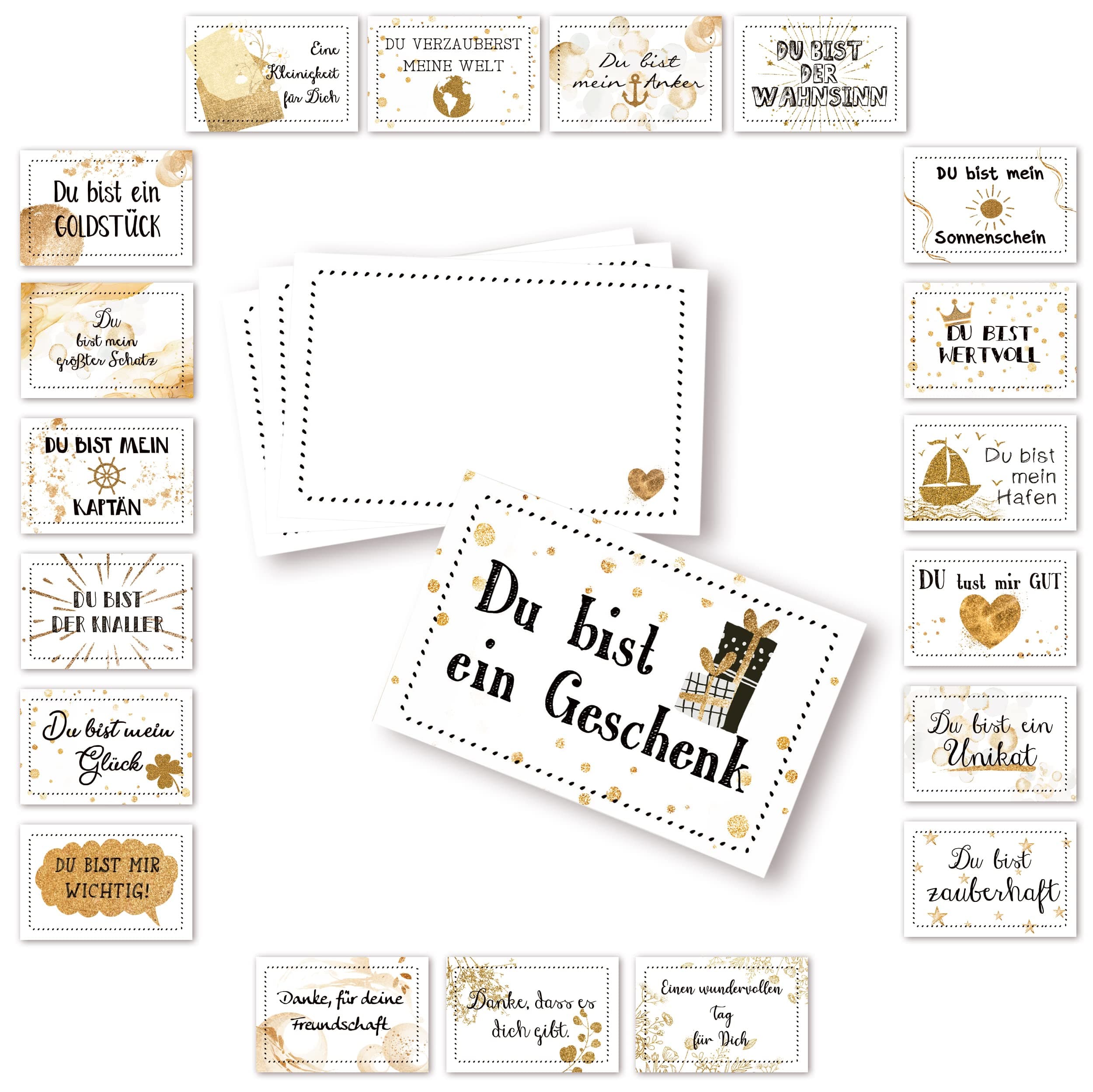 Sprüchekarten-Set, 20 Stück: Kleine Karten Sprüche Geschenk Set Liebe Motivationskarten, Glückskarten mit Sprüchen für jeden Tag, Affirmationskarten, Geschenk-Kärtchen Mann & Frau, 8,5 x 5,5 cm Weiß Schwarz Gold