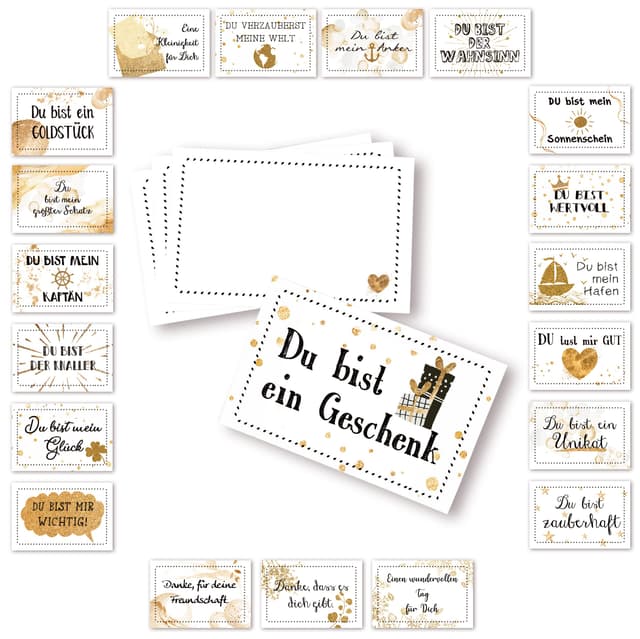 Sprüchekarten-Set, 20 Stück: Kleine Karten Sprüche Geschenk Set Liebe Motivationskarten, Glückskarten mit Sprüchen für jeden Tag, Affirmationskarten, Geschenk-Kärtchen Mann & Frau, 8,5 x 5,5 cm Weiß Schwarz Gold