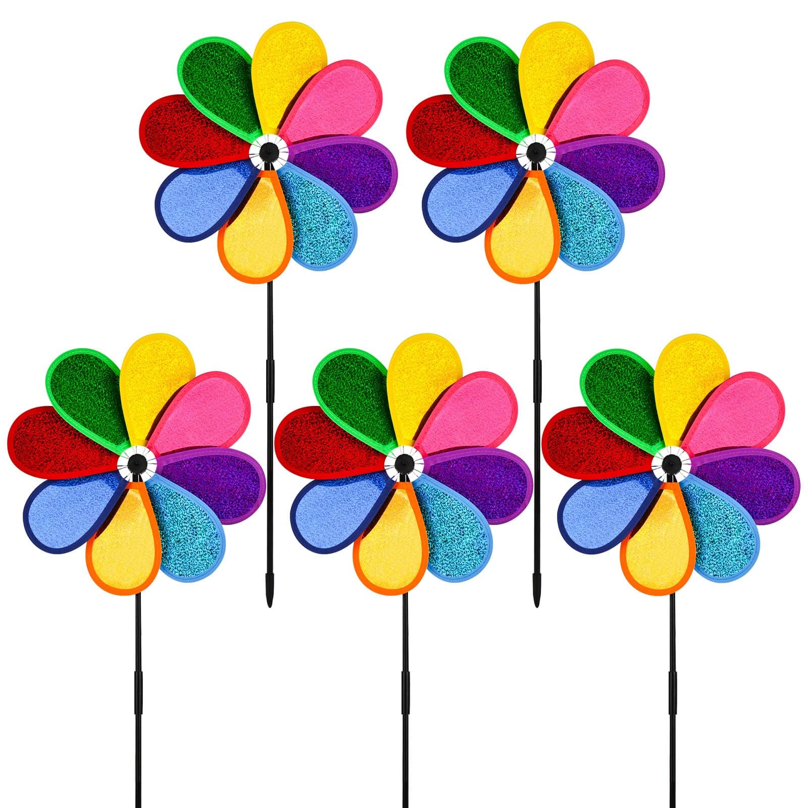 YYTECH 5 Stück Windspiel Blume Windrad, 30cm Regenbogen Sparkly Windmühle Spinner, windrad Garten, windspiele für den Garten, für Rasen Windrad Hof Garten Terrasse Balkon Gartenstecker Deko