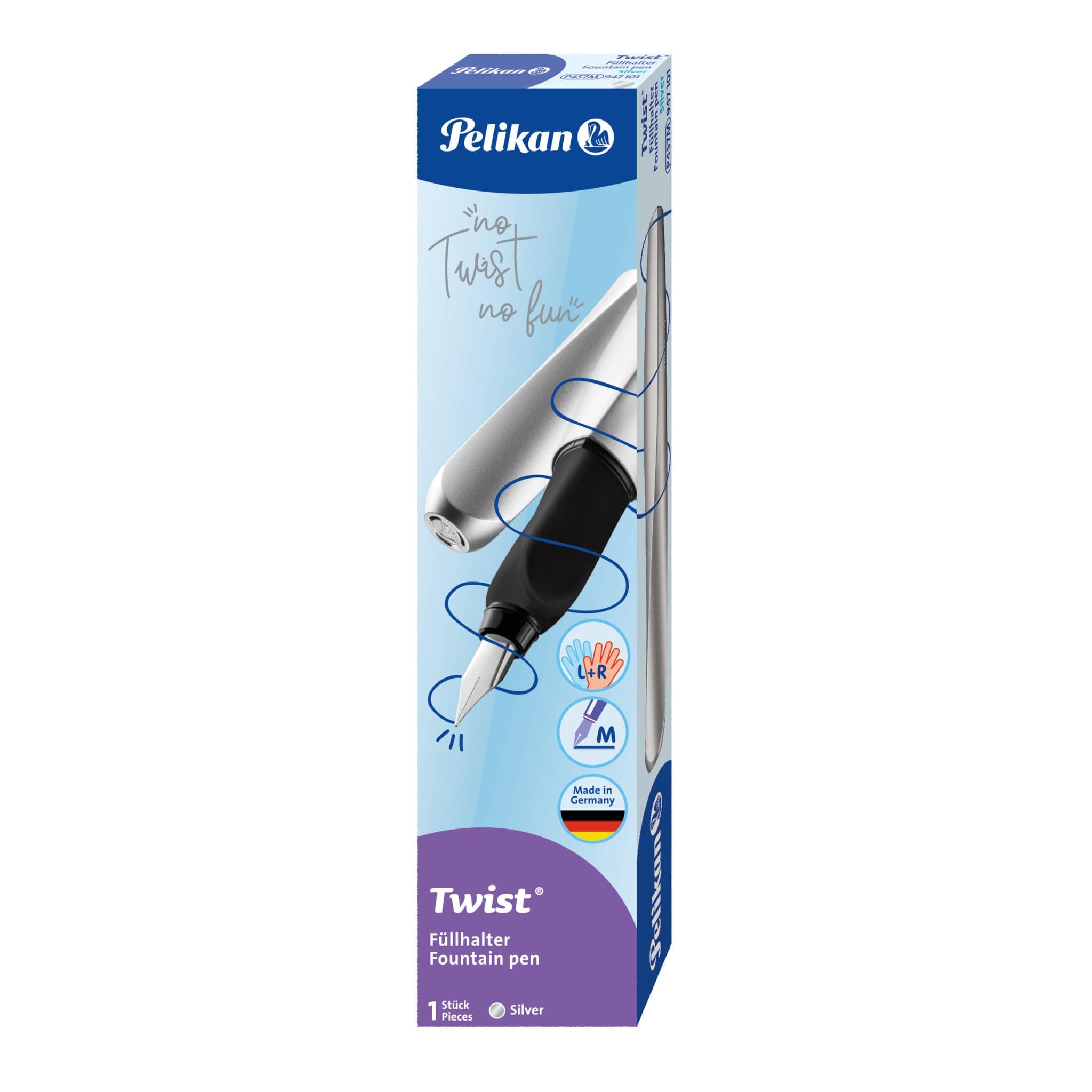Pelikan 946806 Füller Twist in Faltschachtel, universell für Rechts- und Linkshänder, Feder M, schwarz (Silber, Nur Füller)