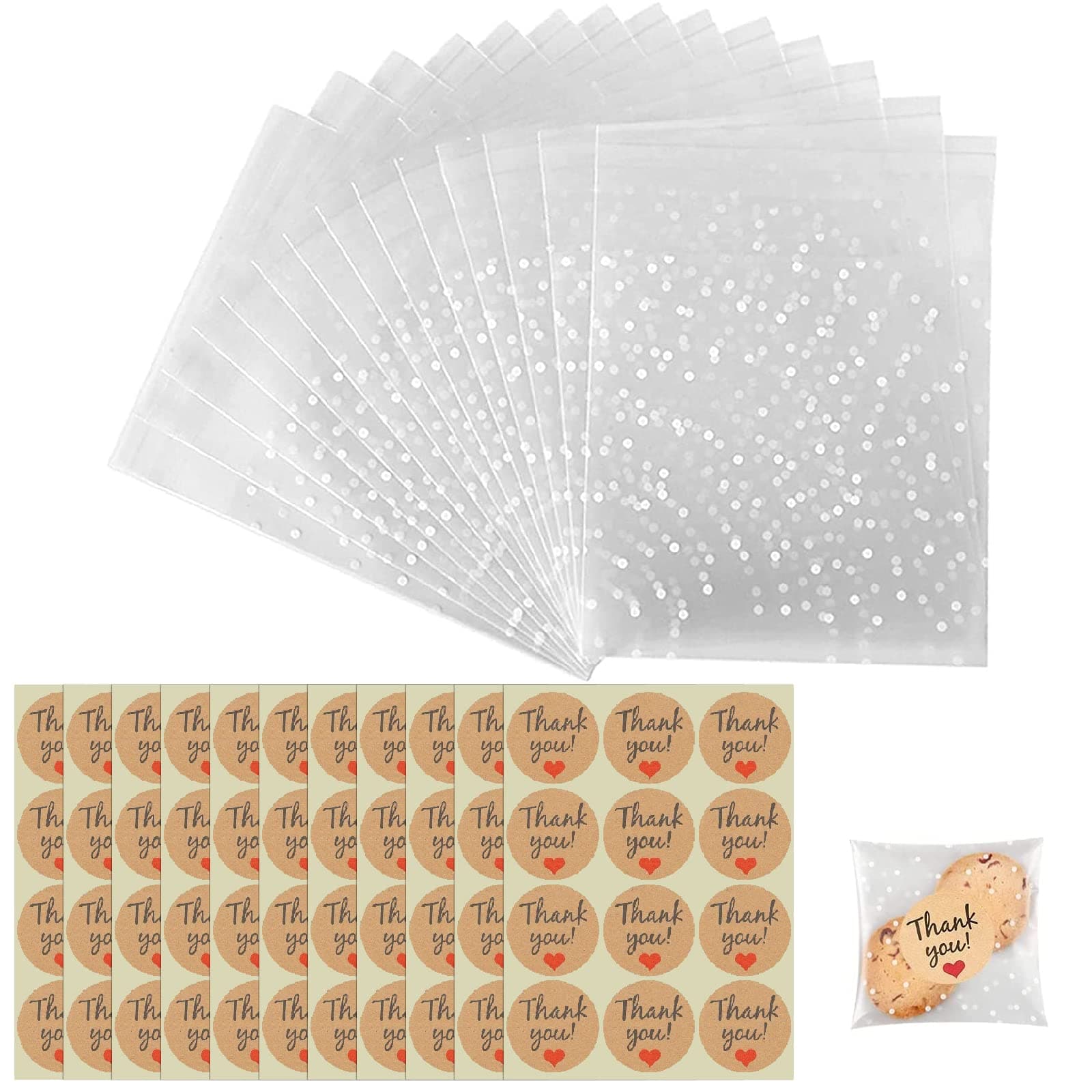 100 Cellophantüten Klein, Plätzchentüten Süßigkeiten Tüten mit 120pcs Danke Aufkleber Plätzchen Transparent Kleine Zellophantüten Tüten Geschenktüten für Süssigkeit Lebensmittel Süße Kekse（10X15cm ） 10 x 15 cm