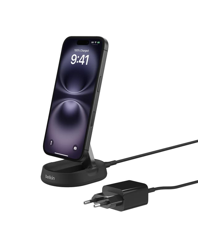 Belkin BoostCharge Pro induktive Ladestation 15W, Qi2-Ladegerät, kabelloses Ladegerät, kompatibel mit MagSafe, kabelloses Qi2-Ladestation für Apple iPhone 16/15/14/13/12, inkl. 20-W-Netzteil – Schwarz inkl. Netzteil Schwarz