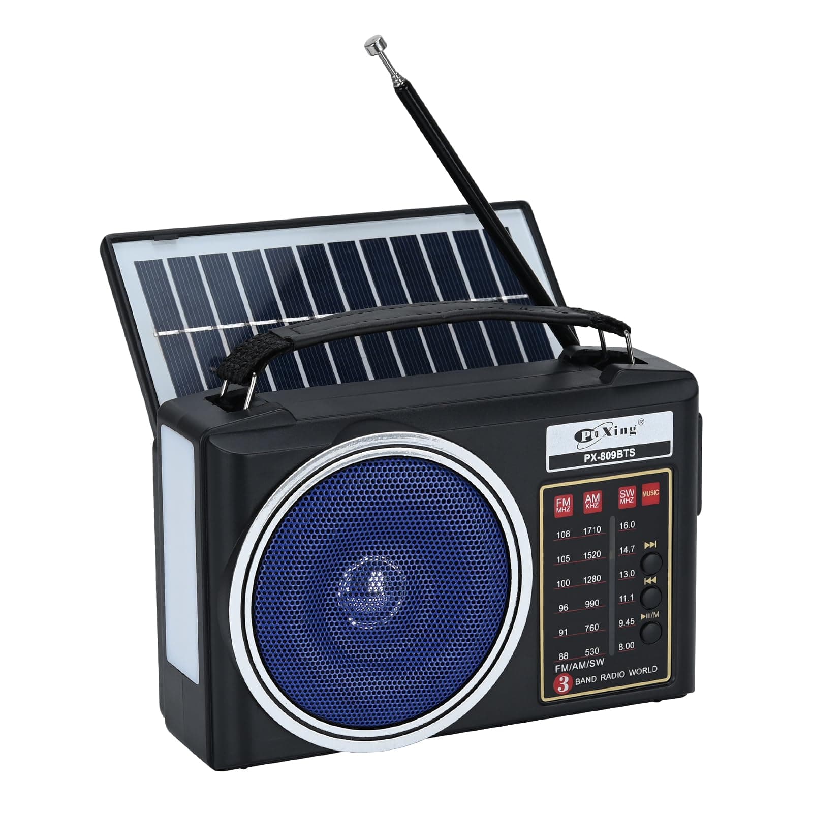 Tragbares Retro-Radio, kompaktes AM/FM/SW-Bluetooth-Radio mit Solarpanel, tragbare LED-Beleuchtung, wiederaufladbare Batterie, Unterstützung für TF-Karte/USB-MP3-Player (Blau)