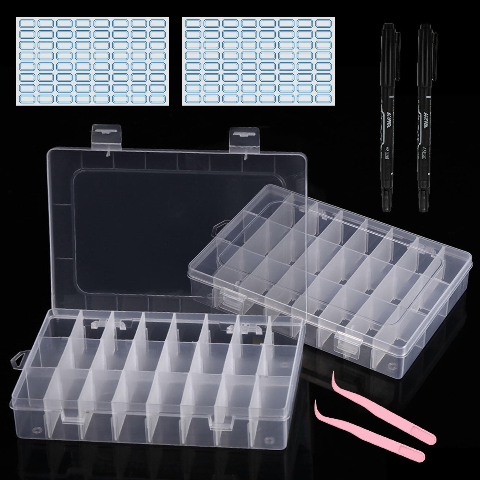 ZOCONE 2 Stück 24 Gitter Sortierboxen für Kleinteile Transparente Sortierbox Kleine Fächer Plastik Aufbewahrungsbox mit Verstellbaren Einsatz Sortierkasten für Lego Schrauben Perlen Bügelperlen