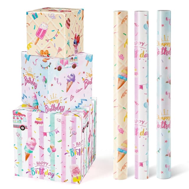 WERNNSAI Eiscreme Geschenkpapier – 3 Rollen 43 cm x 3 m Geburtstags Geschenkpapierrollen Rosa Ice cream Wrapping Paper Kinder Geschenkpapier Sommer Geschenkpapier mit Schnittlinien Rosa Eiscreme