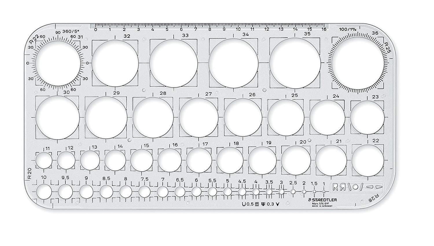 STAEDTLER Kreisschablone Mars, transparent, für Kreise von 1 - 36 mm, in 0,5 mm und 1 mm Schritten, 576 01 F