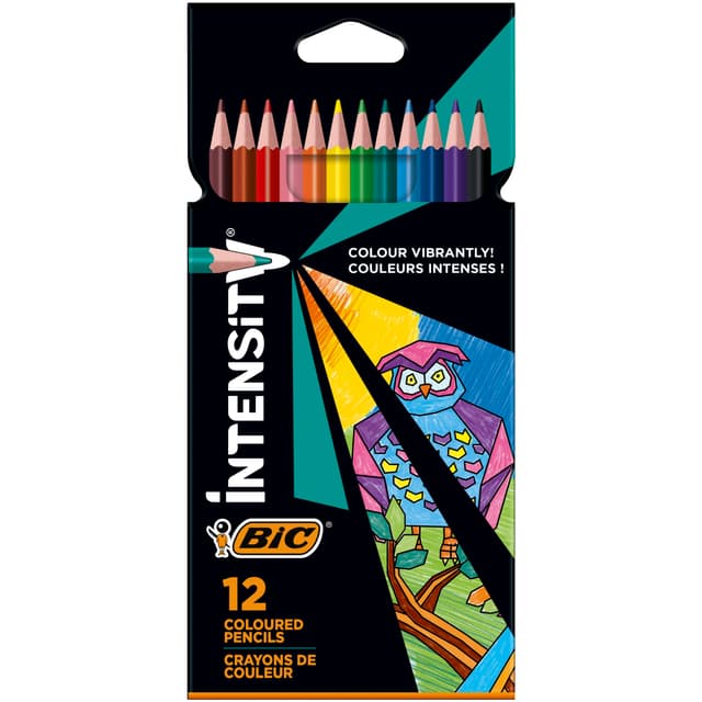 BIC Intensity Buntstifte, Dreikant-Malstifte, Farbstifte zum Malen in 12 Farben, im Karton Etui, Bruchsichere Mine & ohne Holz 12 Stück (1er Pack)