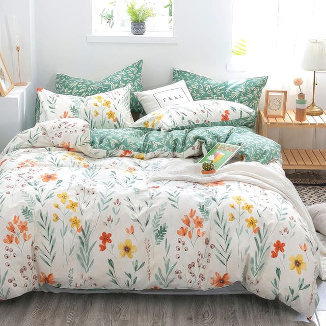 KEAYOO Blumen Bettwäsche 155x220 mit Reißverschluss - 80x80 Kissenbezug -Grün Weiß Tolle Baumwolle Bettwäsche für Sommer bis Winter (155x220cm, Geblümt A) Geblümt A 155x220cm