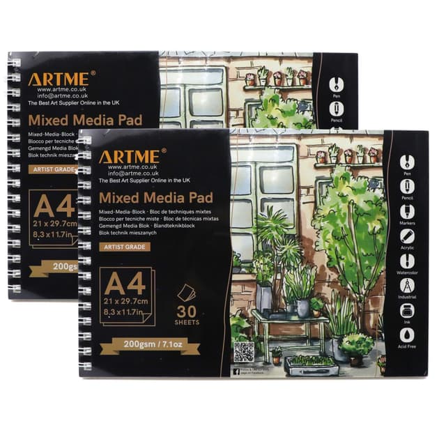 ARTME A4-Mixed-Media-Block 2st - 30 Blatt, 200 g/m², Spiralbindung, mit reißenden Schnittlinien, Skizzenbuch zum Zeichnen und Malen (A4 x 2)