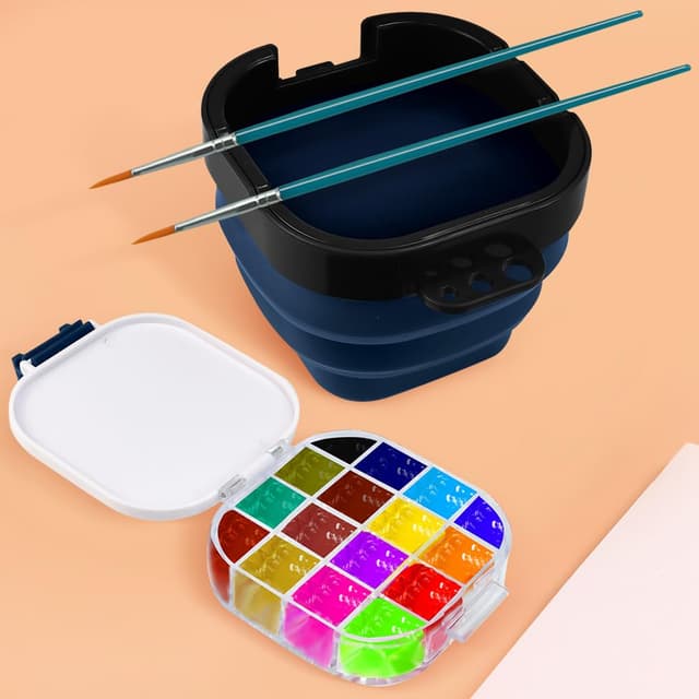 KLYNGTSK Faltbare Wasserbecher für Pinsel Wascheimer mit Leere Aquarellpalette Silikon Malerei Wasserbecher Pinselreiniger Pinselhalter Pinsel Waschen Eimer für Aquarell Ölgemälde, Blau