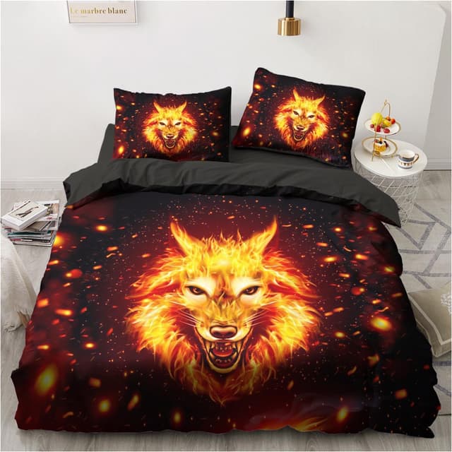 Bettwäsche 135x200cm 2-teilig, Flammen Wolf Bettwäsche-Sets, Bettbezug aus Mikrofaser mit 1 Kissenbezug 80x80cm, Versteckter Reißverschluss, Bettwäsche Set für Einzelbett Flammen Wolf 135x200cm+1*80x80cm