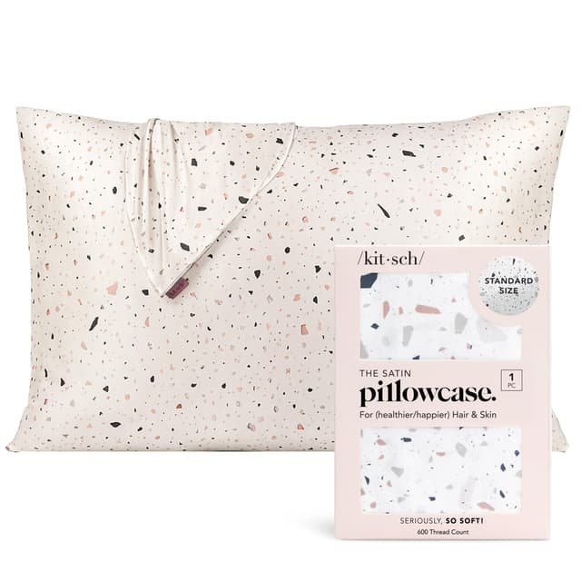 Kitsch Satin-Kissenbezug für Haar & Haut, weicher als Seide, kühlend, mit Reißverschluss, maschinenwaschbar, knitterfrei, Standardgröße 19"x26" (Aura & Weißes Terrazzo, 1 Stück). Standard/Queen (1 Pack) Weiß Terrazzo