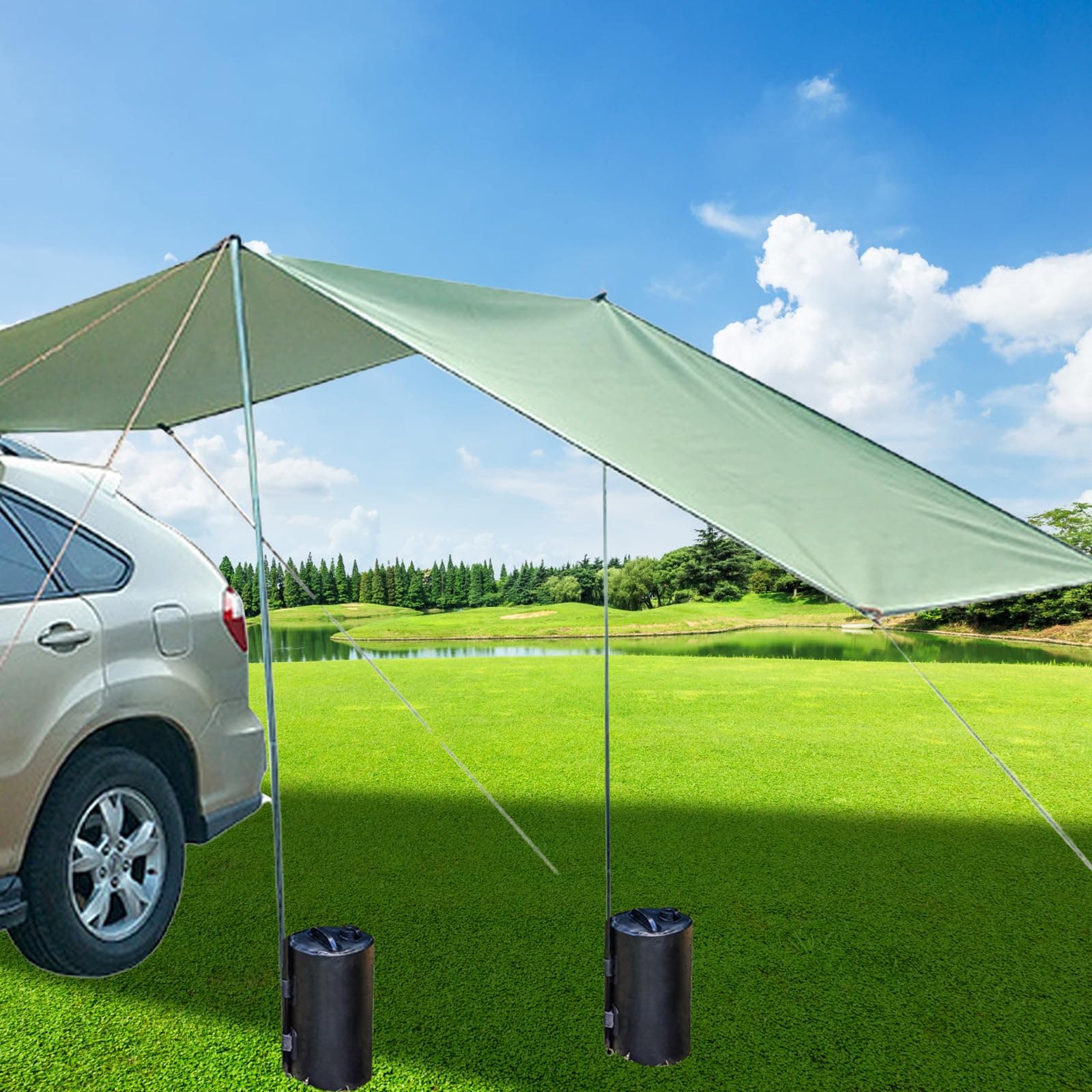 Auto Seite markise Auto Zelt Camping Sonnendach Heckklappenzelt mit UV Schutz,Auto Dachzelt, mit 2 tragfähigen Wassersäcken,wasserdichte Auto Markise Sonnenunterkunft(Militärgrün, 440 * 200cm) Militärgrün 440*200cm